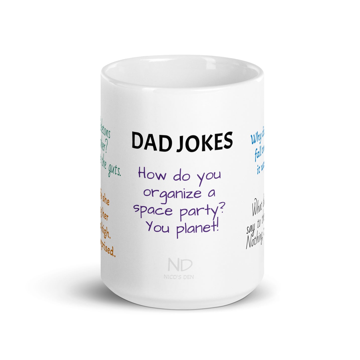 This fun white glossy mug is perfect for any dad who loves a good joke. With the humorous "DAD JOKES" featured prominently, it's sure to bring a smile to anyone's face