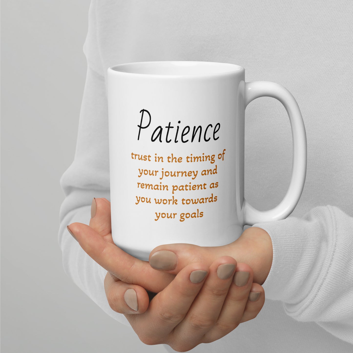 This big white glossy mug holds 15 oz. of your favorite coffee, inspiring you with motivational messages each morning